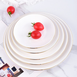 Assiettes de présentation blanches et dorées personnalisables avec motifs décalcomanies <span class=keywords><strong>Assiette</strong></span> <span class=keywords><strong>plate</strong></span> ronde blanche brillante de haute qualité avec bordure dorée pour restaurant - Product Image 6