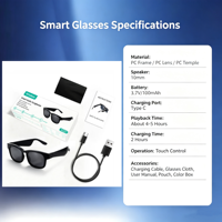 Lunettes Audio Intelligentes avec Contrôle Tactile 5.4, Traduction IA et Lecteur de Musique - Appels Mains Libres pour la Conduite et les Sports de Plein Air