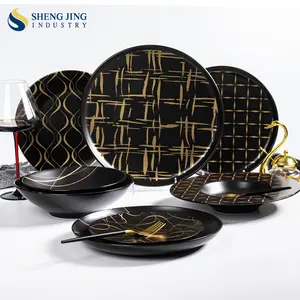 Wholesale Nordic Matte Black Gold Ceramic Plates Wedding Dishes Dinnerware Sets Porcelain Tableware For Restaurant Hotel