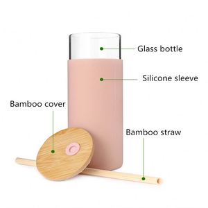 Gobelet en verre avec paille 500 ml, tasse en verre avec manchon en silicone, couvercle en bambou et paille en bois - Product Image 4