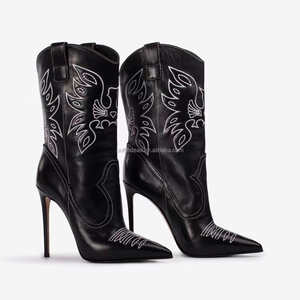 Bottes de cowboy vintage à bout pointu et sexy Bottes en cuir blanc Stiletto pour femmes Bottes de cowboy en cuir brodé Le S Western <span class=keywords><strong>140mm</strong></span> - Product Image 4