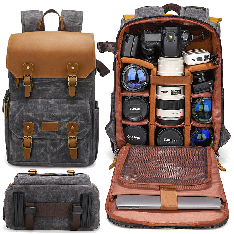 Waxed Canvas Leather DSLR Camera Backpack