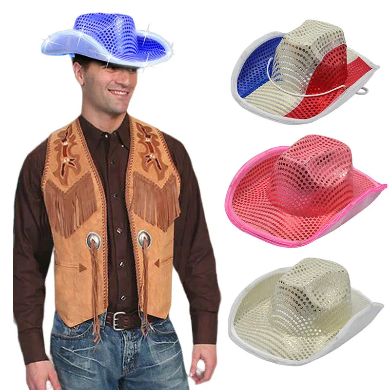 Chapeau de cowboy à paillettes personnalisées avec éclairage LED pour fête blanche Chapeau de cowboy à paillettes Disco à paillettes LED Chapeau de cowboy à paillettes