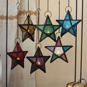 European Retro Iron <strong>Lantern</strong> Home Decor Colored Glass Star <strong>Lanterns</strong> Windproof <strong>Candle</strong> <strong>Holder</strong> - Product Image 3