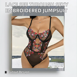 Lingerie Seksi Eropa Amerika Terbaru, Bahan Lace Transparan, Bordir Motif, Model Hollow Out dengan Tali Dalam, Bodysuit Bernapas, Kontrol Sedang - Product Image 2