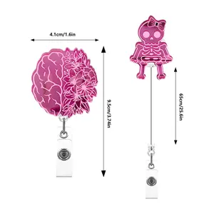 Pink Mirror Acrylic Skull Organs Flowers Easy to Pull Bbuckle ID Buckle Doctor Nurse Retractable Clip Teach Badge Roll