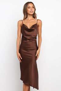 Vestido largo de satén con tirantes finos y cuello de vaca, vestido de graduación multicolor, corte bies - Product Image 4