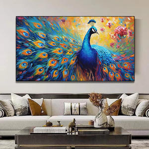 Peint à la main moderne haut sens de sept couleurs huile paon suspendu photo TV fond mur Art décor à la maison peinture - Product Image 5