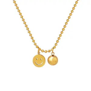 Fine Fashion Jewelry 18K Gold Plated Stainless Steel Bead Chain Smiley Face Steel Round Bead Pendant Necklace For Women