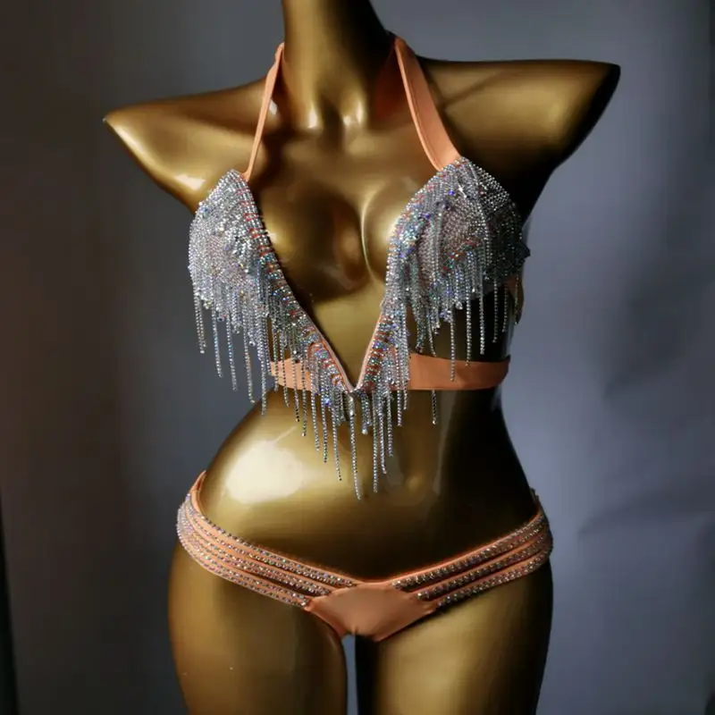 2023 Sexy Halter Crystal Honey Moon Beachwear Women Push Up Luxury Diamond Tassel Competition Bikini Sets Rhinestone Swimwear