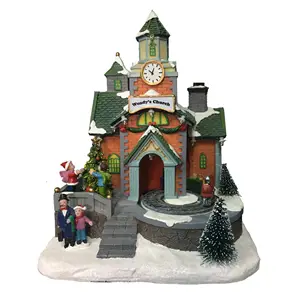 Escena de estación de tren de Iglesia animada, iluminación LED de resina musical, pueblo de Navidad para decoración y regalo de temporada, venta al por mayor