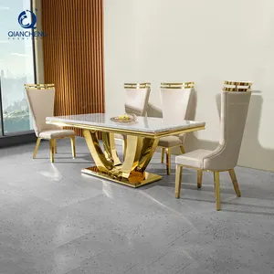 QIANCHENG middle eastern european style fashionable white granite marble minimalista sealing glaze dining room table and chairs