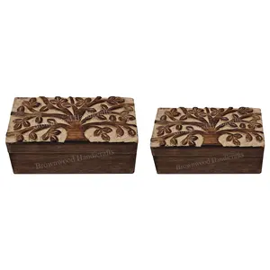 Ensemble de 2 boîtes en bois sculptées à la main Life of Tree Design Fournisseur en gros de qualité solide pour Amazon Vendeur avec fonction personnalisable - Product Image 1