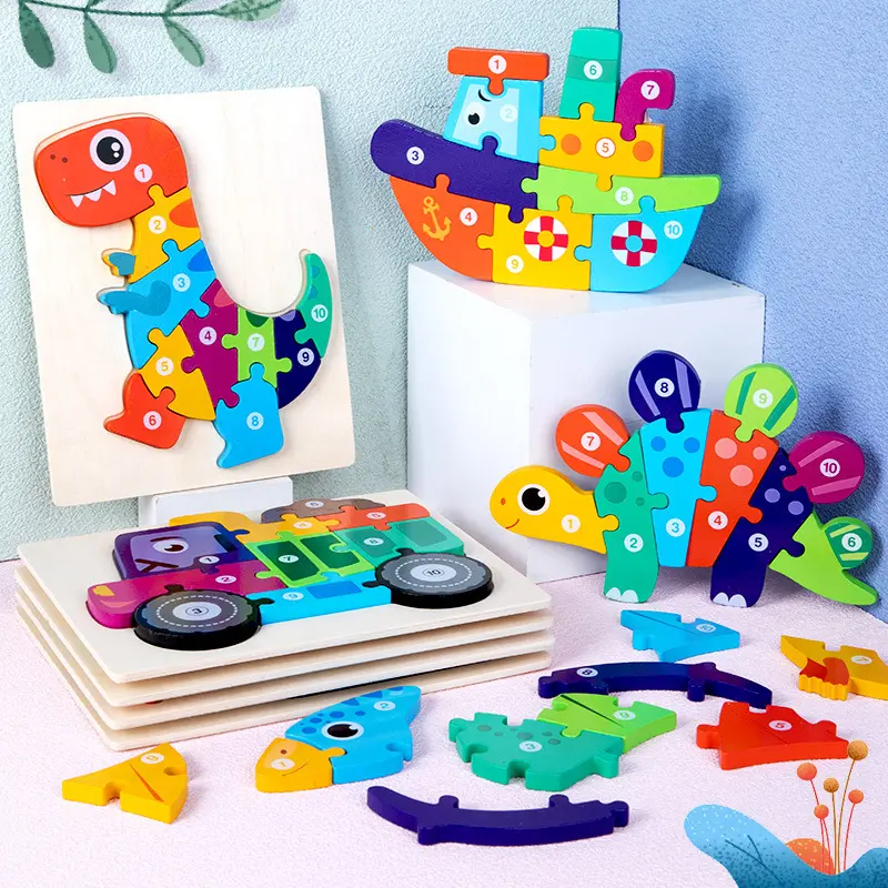 Giocattolo del fumetto di legno Montessori fai da te per bambini Jigsaw Early Educational Animal 3D Puzzle gioco per bambini per lo sviluppo del cervello