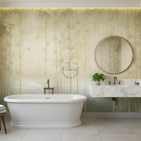 Papier Peint Mural 3D Imperméable Vert Clair Vintage Motif Forêt de Bambou et Lac pour Décoration Murale de Chambre et Salon Facile à Poser