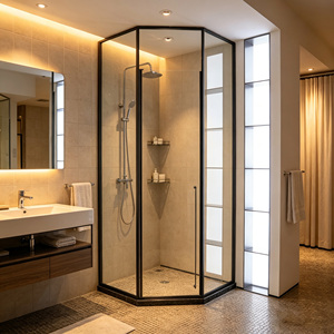 Cabina de <span class=keywords><strong>Ducha</strong></span> con Forma de Diamante OEM, Puerta de Vidrio Templado, Marco de Acero Inoxidable, Puerta Corredera Abatible para Uso en Hoteles - Product Image 1