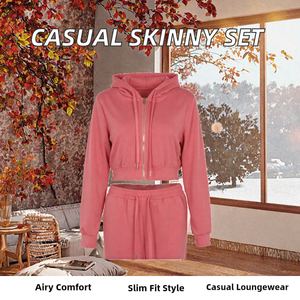 Ensemble jogging rose pour femme avec sweat à capuche et fermeture éclair, deux pièces, tenue décontractée, survêtement en Spandex/Polyester respirant et écologique pour l'automne - Product Image 2