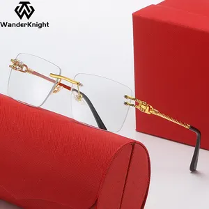 2024 desainer merek klasik kacamata tanpa bingkai mode terbaru kacamata optik bening emas