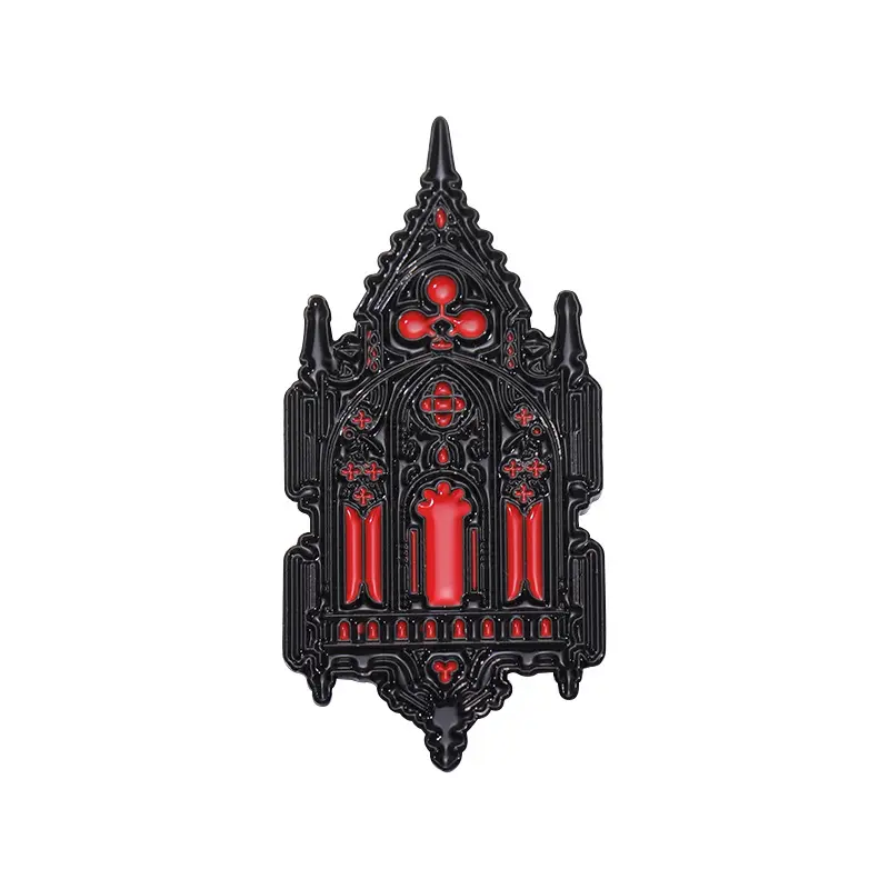 Castillo vintage estilo oscuro estilo arquitectónico broche estilo gótico negro rojo metal insignia accesorios transfronterizos