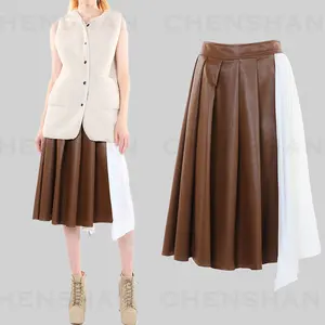 Hot Sell Summer Sexy High Waist Package Hip Vinyl PU Leather Splice Skirt Women's Loose Maxi Long Pleat Skirt for Ladies