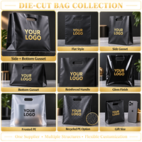 Sac de shopping en PE noir avec soufflet latéral extensible pour le commerce de détail à fort volume, poignée découpée, fourni par l'usine