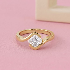 Asscher Cut Diamond Bypass Solitaire Engagement Ring in Solid Gold with Bezel Wave Band for Designer Bridal Jewelry - Product Image 1