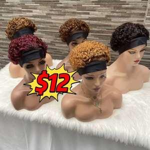 Promoción de $12: Pelucas rizadas Pixie con diadema F-115, pelucas cortas rizadas 100% cabello humano sin encaje, pelucas de colores, venta al por mayor de fábrica. - Product Image 1