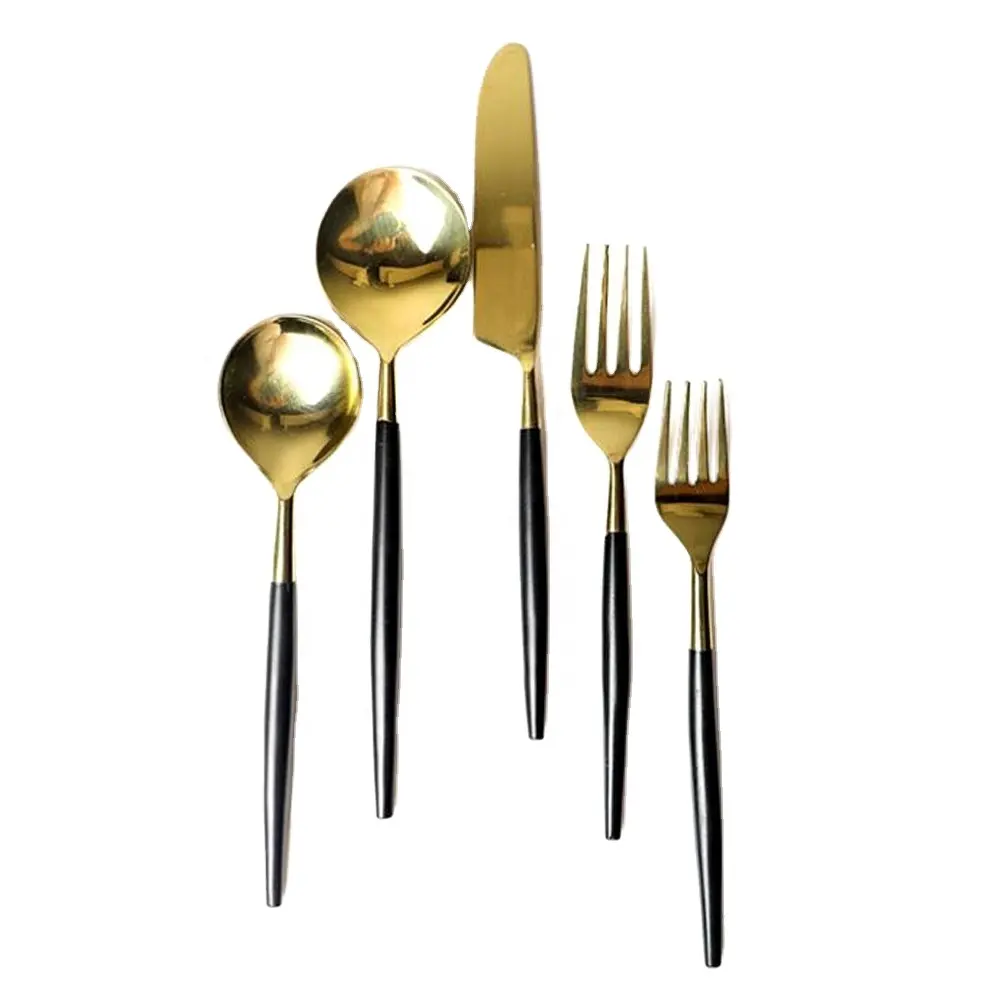 Edelstahl Runder schwarzer Emaille Griff Gold Besteck Set Edelstahl Besteck Set mit Metall griff Geschirr Sets