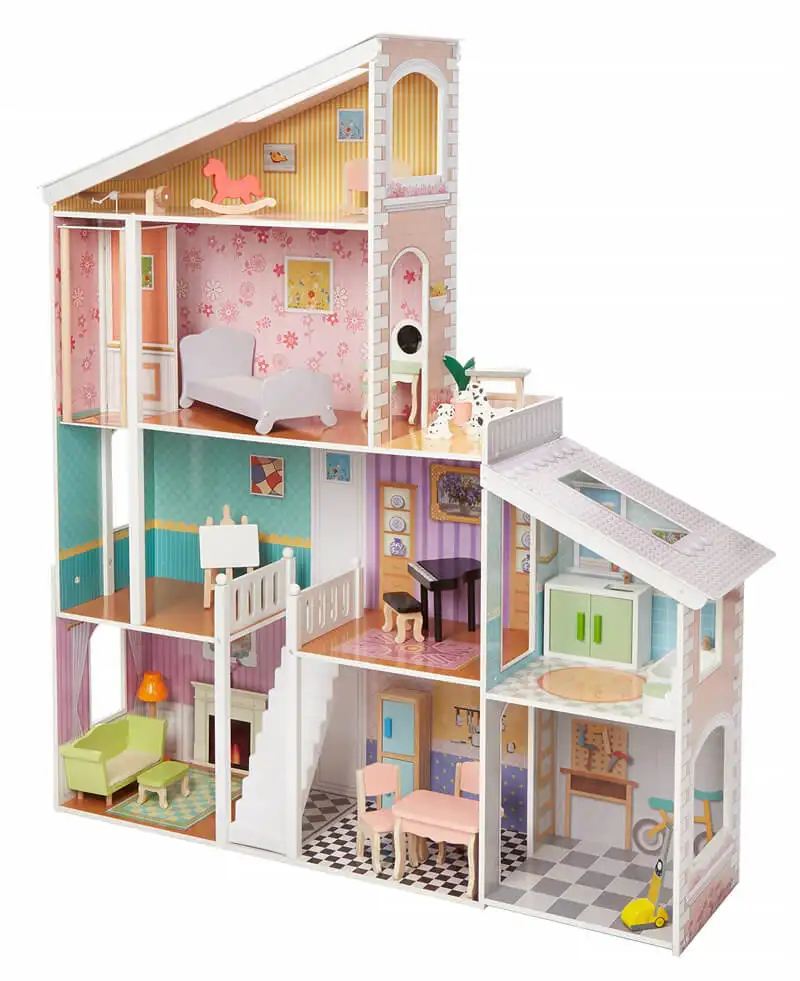 Barato preço em madeira maquiagem conjunto de brinquedos, play house 4 storeys, casa de boneca de brinquedo de madeira com 24 peças mini móveis