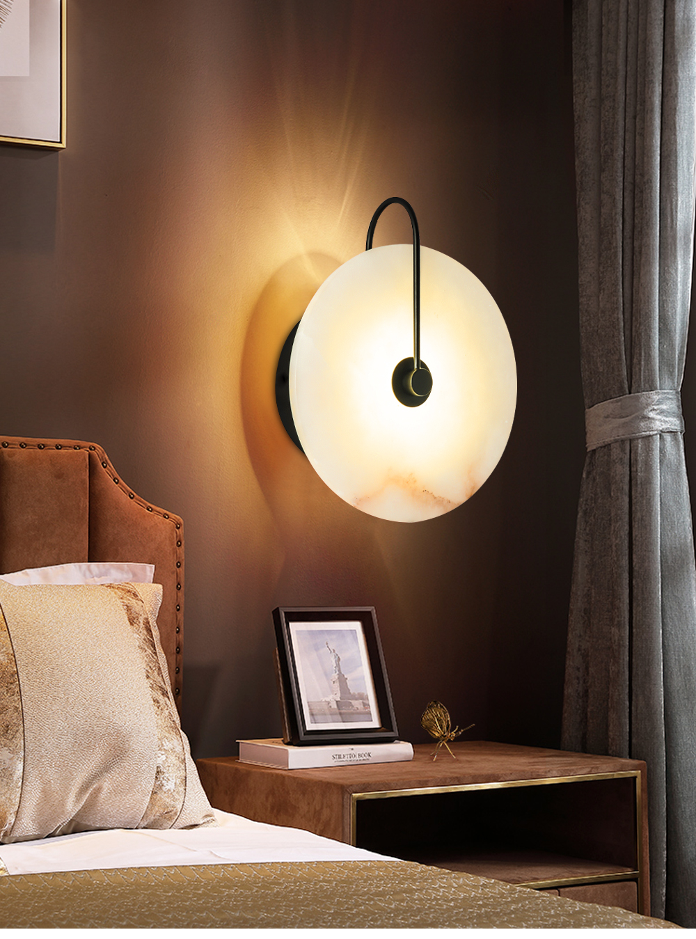 European Modern Style Creative Natural Marble Stone Brass Headboard Wall Lamp