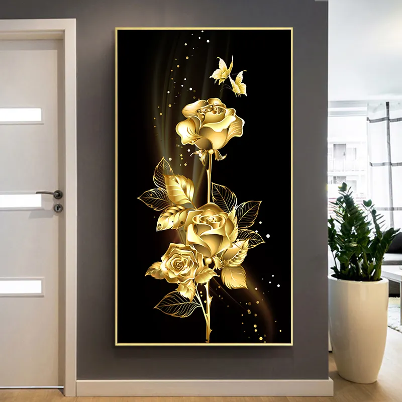 Aangepaste Luxe Gouden Ontwerp Foto Roos Bloemenhal 3d Muur Kristal Porselein Schilderij Moderne Bloemen Muur Kunst Canvas