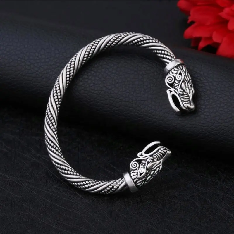 Mode Perhiasan Pria Antik Viking Naga Ular Serigala Hewan Kepala Gelang Bangle