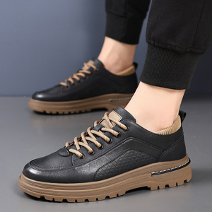 Chilowa Zapatillas de deporte de cuero con cordones para hombre, suela gruesa, tacón bajo acolchado, zapatos informales para otoño - Product Image 2