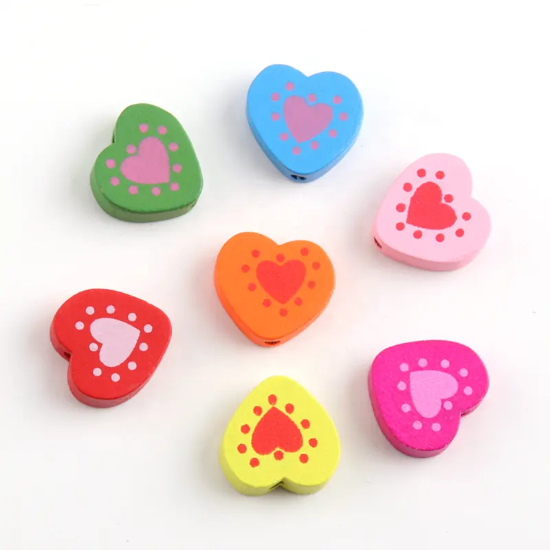 Serie de corazones de colores mezclados, decoración de cuentas artesanales de madera, manualidades para niños Diy respetuosas con el medio ambiente, accesorios de cuentas a mano