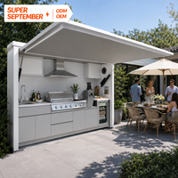 Cocina Exterior de Alta Gama Resistente a la Intemperie con Techo LED Integrado, Cocina Exterior con Horno de Pizza para Patio Soleado