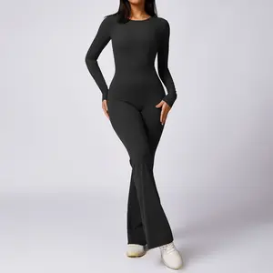 Women Long Sleeve Sports Wear Jumpsuit Open Back Fitness Workout Flare Pants 1 Piece Backless Bodycon Rompers Yoga Bodysuit