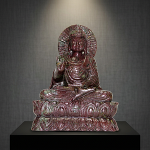 Estatua de Buda de Zoisita Rubí Tallada a Mano, Figura de Anyolita Sentada con Aureola y Base de Loto, Decoración para Altar - Product Image 1