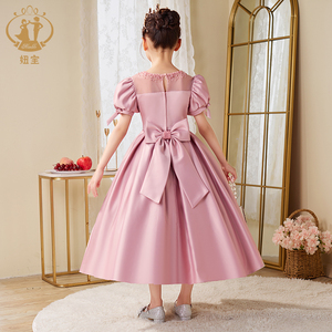 فساتين زفاف للفتيات الصغيرات من نيمبل بفيونكات وردية وأكمام منفوخة من الساتان، فساتين وصيفات العروس، ملابس حفلات المساء للأطفال الصغار - Product Image 4