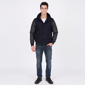 <b>Men</b> Navy Blue Varsity <b>Jacket</b> Black Faux Leather Sleeves Hooded Bomber Letterman <b>Jacket</b> Casual Winter <b>Warm</b> Outerwear Stylish Coat - Product Image 1