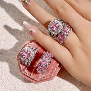 925 Sterling Silver Shiny Full Diamond Gemstone <b>Ring</b> 2Pcs 18K Gold Pink Cubic Zirconia Promise <b>Rings</b> <b>CZ</b> Bride Diamond <b>ring</b> - Product Image 3