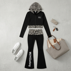 Trendy Women's 2 Piece Set Leopard Print Patchwork Cropped Zip Up Hoodie and High Waist Flare Pants Set Y2K Aesthetic Streetwear - Product Image 3