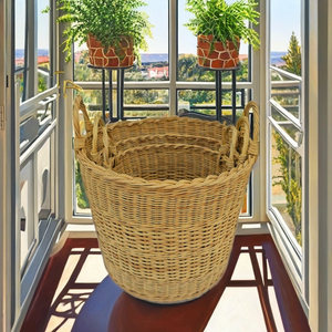Natural Rattan Storage <b>Baskets</b> Set of 3 Handwoven <b>Rectangular</b> with Handles Multi-Purpose Rustic Design for Neatening - Product Image 6