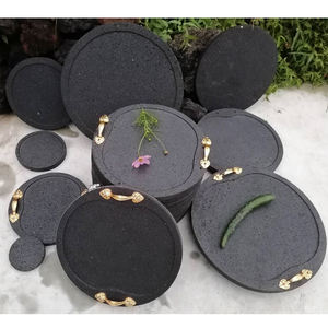 صخور بركانية طبيعية من حجر الحمم البركانية طبق شواء دائري شريحة لحم ومجموعة طهي نار للشواء على أدوات طهي خارجية ألواح طعام حجرية - Product Image 5