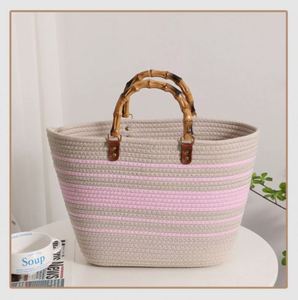 Sac de plage d'été rétro portable en paille tressée en coton rayé pour femme - Product Image 4