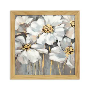 لوحة فنية عصرية من القماش بتصميم أزهار خشبية ذات إطار أبيض وذهبي لوحة زهور تجريدية