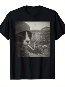 T-shirt grafica unisex retrò con gatto gangster che fuma, nera vintage, casual a maniche corte per uomo e donna - Product Image 1