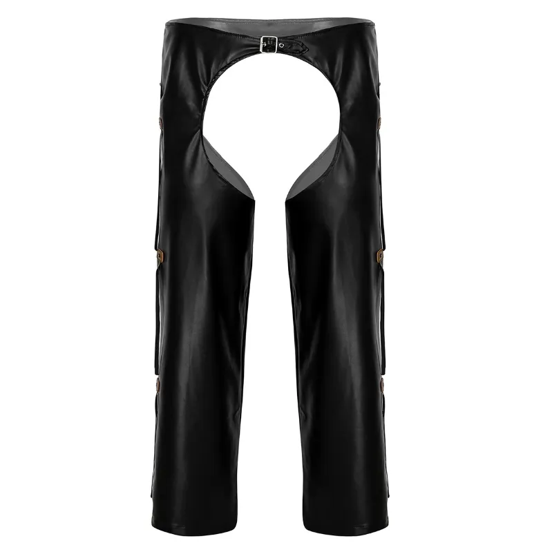 iEFiEL Mens Faux Leather Long Pants Sexy Hollow Out Crotchless with Fringed Loose Pants Trouser