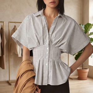 Blusa de Popelina para Mujer, a Rayas, con Botones, Manga Corta, Holgada, Informal, para Primavera y Verano - Product Image 3