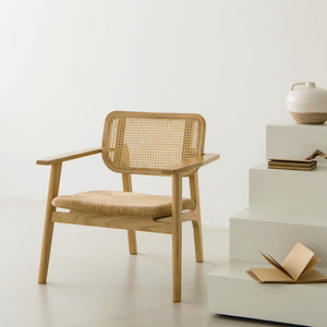 Fauteuil <span class=keywords><strong>d</strong></span>'appoint Japandi Wabi-Sabi en bois de frêne <span class=keywords><strong>et</strong></span> rotin tressé à la main, pieds coniques, style scandinave du milieu du siècle, chaise longue respirante - Product Image 2