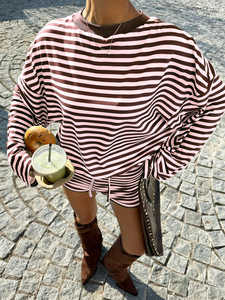 Damen Y2K Gestreiftes Lounge-Set Langarm Oversized Sweatshirt Shorts Colorblock 2-teiliges Pyjama-Outfit Sweater-Set - Product Image 2